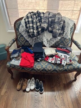 Mixed size 5/6 boys clothes. 2 jackets hat and scarf size 12 shoes and sneakers